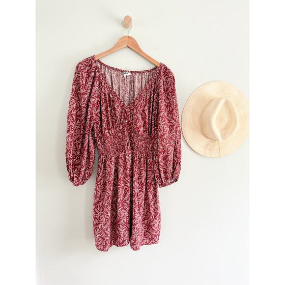 Madewell | NWOT | Puff-Sleeve V-Neck Mini Dress Paisley Floral Rusted Red | Sz 6 - Picture 2 of 9
